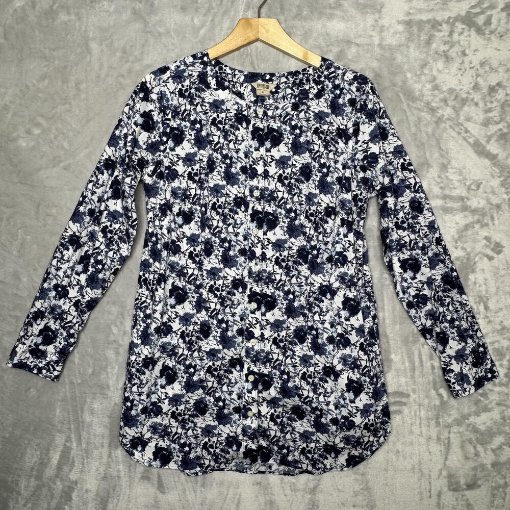 Duluth Trading Co Shirt Womens Small Blue White Floral Button Front Long Sleeve